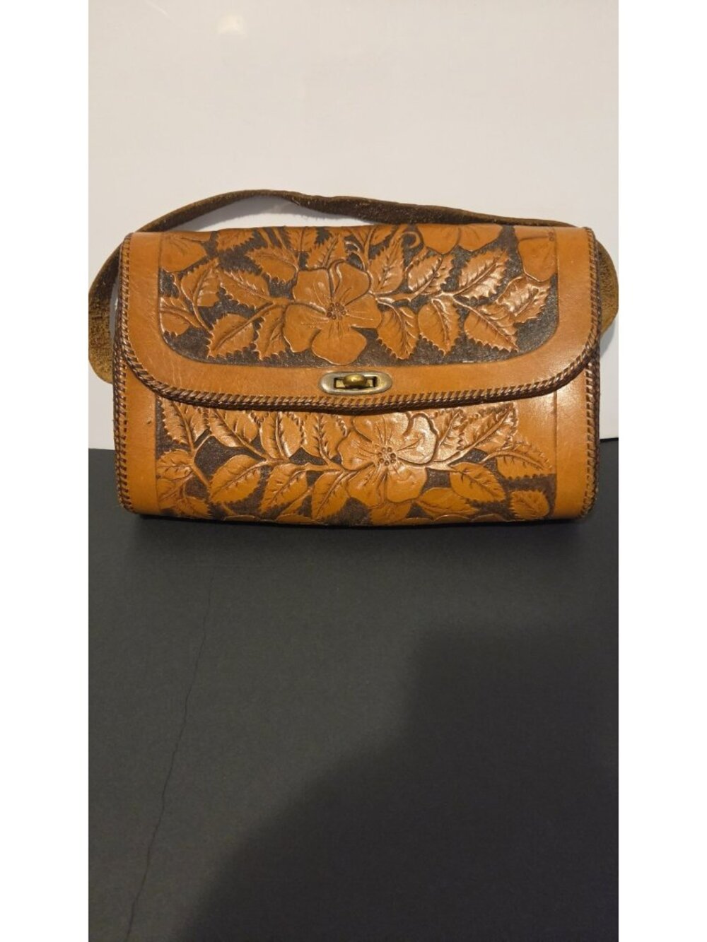 Vintage Hand Tooled Floral Leather Handbag Purse Brown Tooled Western...